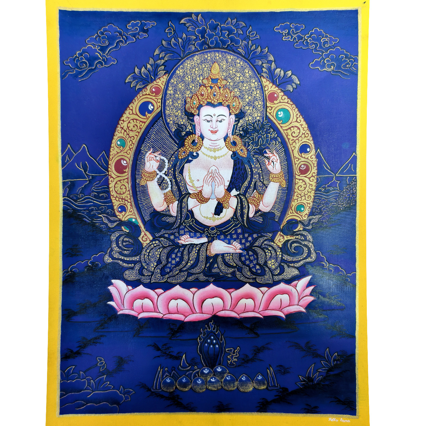 Noyau de peinture Avalokitevara à quatre bras Tang bleu-2316
