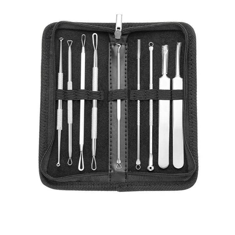 Kit de eliminación de espinillas de doble cabeza, herramienta de acero inoxidable para el cuidado de la cara, Extractor de acné, con funda de cuero, 6/9 Uds.