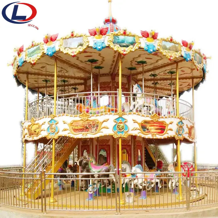 Nuevo diseño Carnival Rides Parque de Atracciones Fibra de vidrio Doble cubierta niños Adultos Merry Go Round Carrusel Caballo para la venta