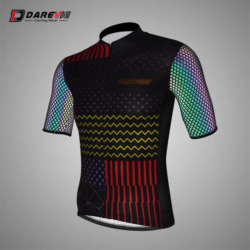 Roupa de ciclismo personalizada, nova camisa desenvolvida brilhante de ciclismo com reflexão colorida no escuro para homens