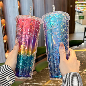 2024龙鳞杯生肖塑料不倒翁炫目双壁鱼鳞形吸管塑料杯