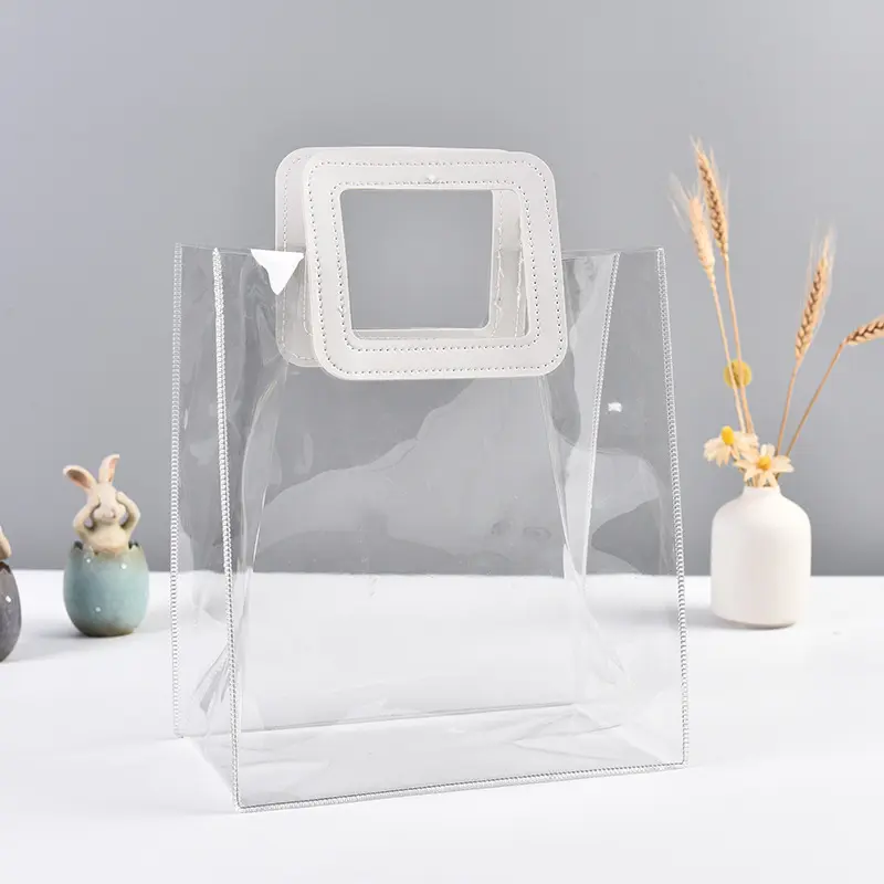 Hot Wholesale Clear Plastic Gift Bags with Leather Handle Reusable Handbag Transparent PVC Plastic Gift Wrap Tote Bag