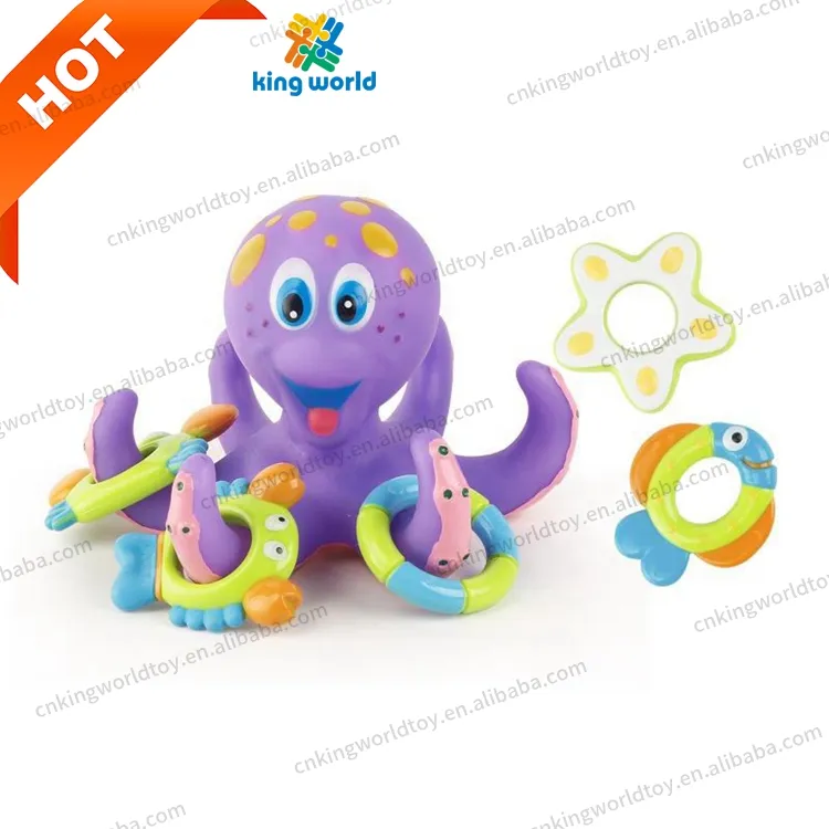 Venta caliente Pulpo púrpura flotante con 5 anillos Hoopla Juguete de baño interactivo Bañera Piscina Juguete educativo para niños