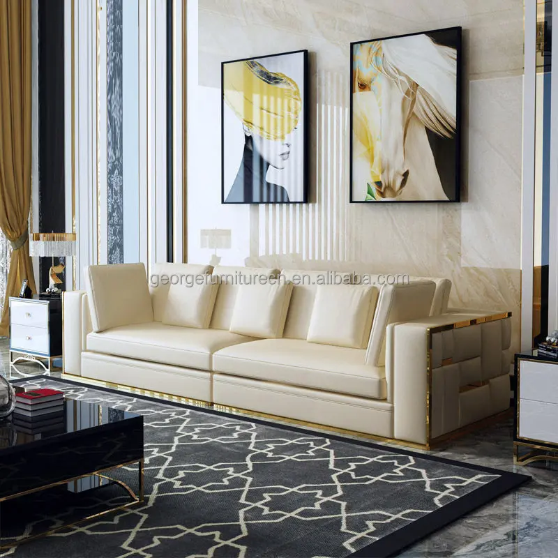 Combinación de cuero moderna personalizable sofá tapizado sofá blanco sala de estar nuevo modelo de lujo copetudo Chesterfield-sofás conjuntos