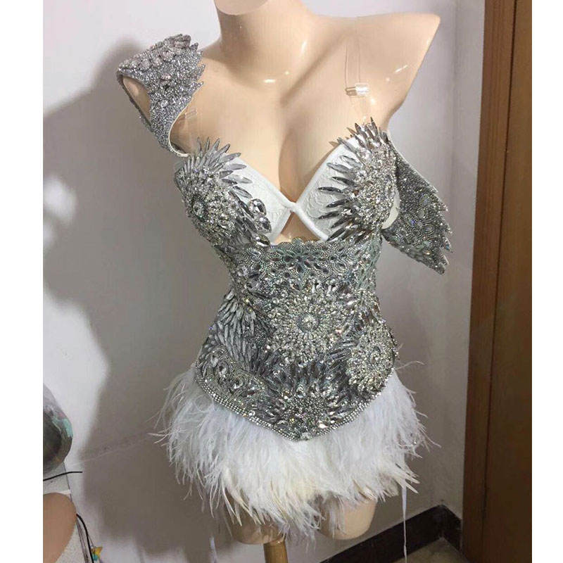Sparkly Silver Crystal Bodysuit Women Feather Leotard Outfit Female Bar Dance Stage Party Dance Costume Celebrate Dress
