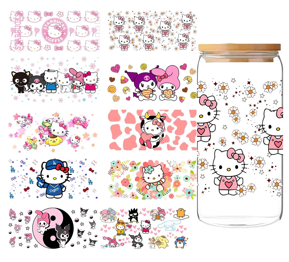 High Efficiency Dtf Cup Hello Custom Kitty Heat Transfer Sticker For 16Oz Glass Can 3D Uvdtf Wraps Stickers