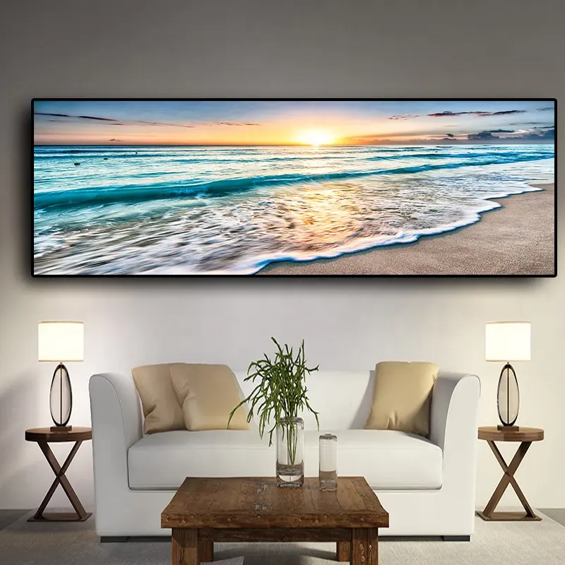 Factory HD Natural Gold Beach Sunset Landscape Posters Decorative Scenery Art Picture Wall Picture For Bedroom