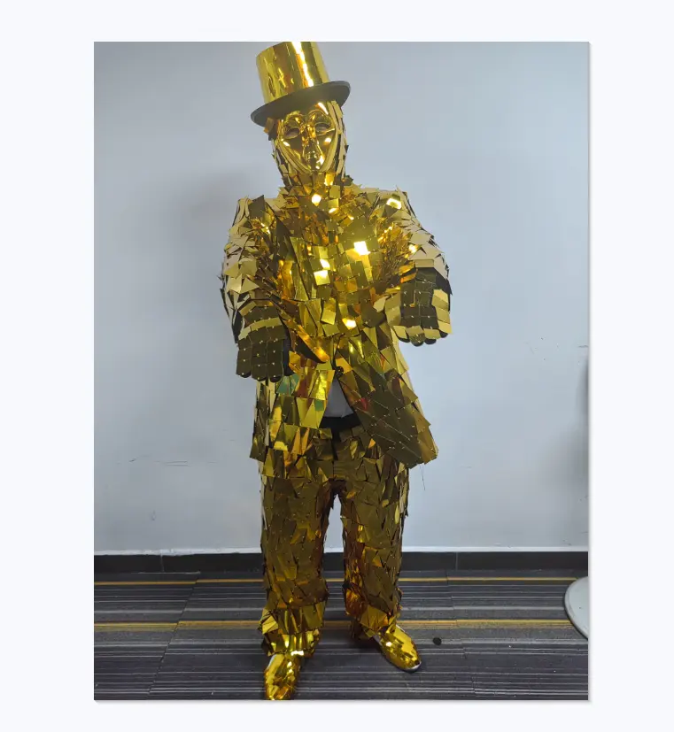 Disfraz de hombre con espejo dorado, disfraz de hombre de cristal dorado, disfraz de puesta en escena, tecnología, espectáculo, fiesta, traje espacial, disfraces