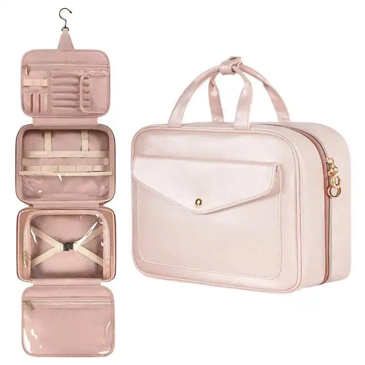Organizzatore per il trucco pieghevole portatile di lusso personalizzato per riporre in piedi borse per cosmetici grande borsa da viaggio da appendere
