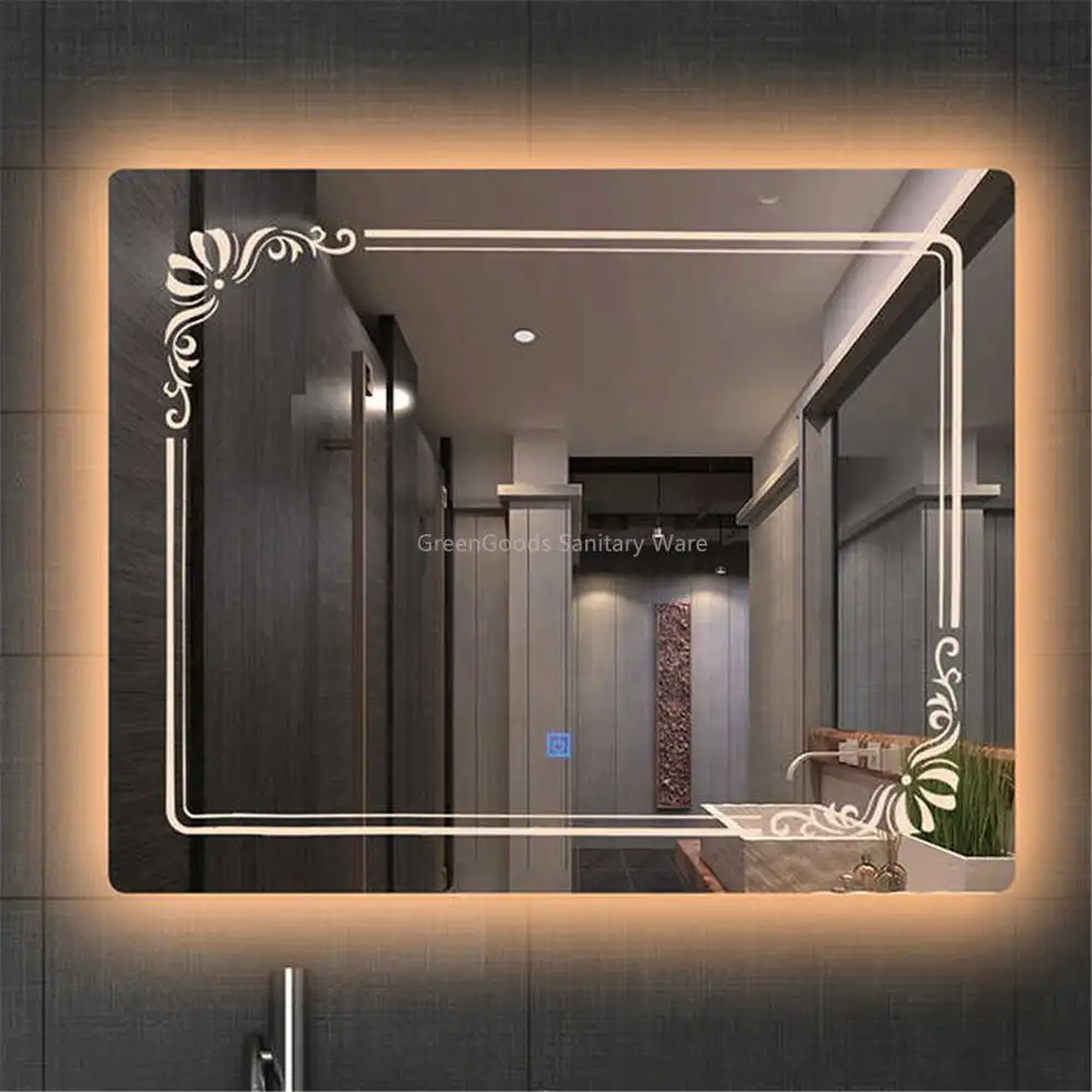 Atacado tela de toque led espelho de banheiro iluminado retangular vanity smart led espelho