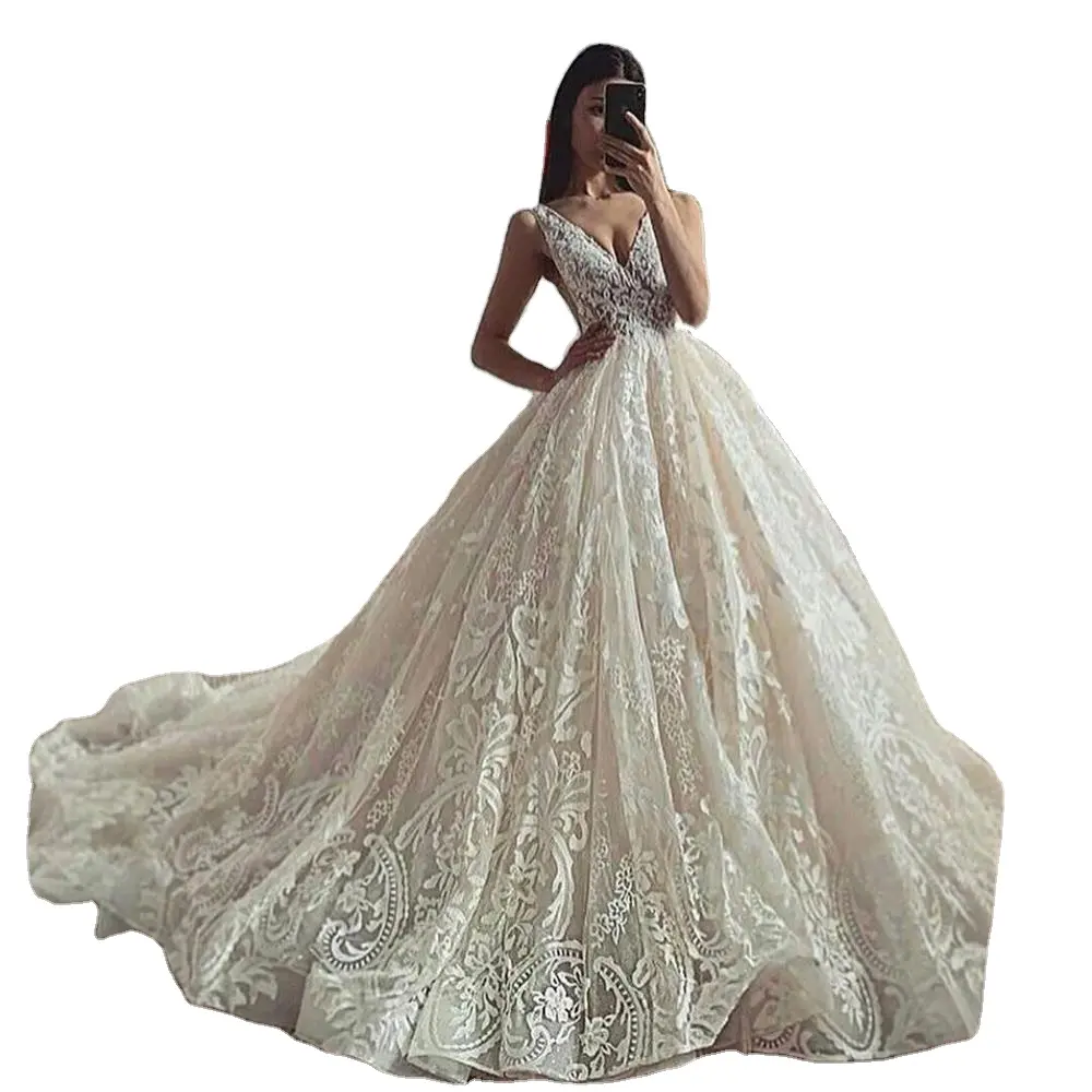 7608 # elegante abito da sposa a trapezio aperto sul retro senza maniche con scollo a v profondo pieghettato elegante abito da sposa bianco Applique in pizzo