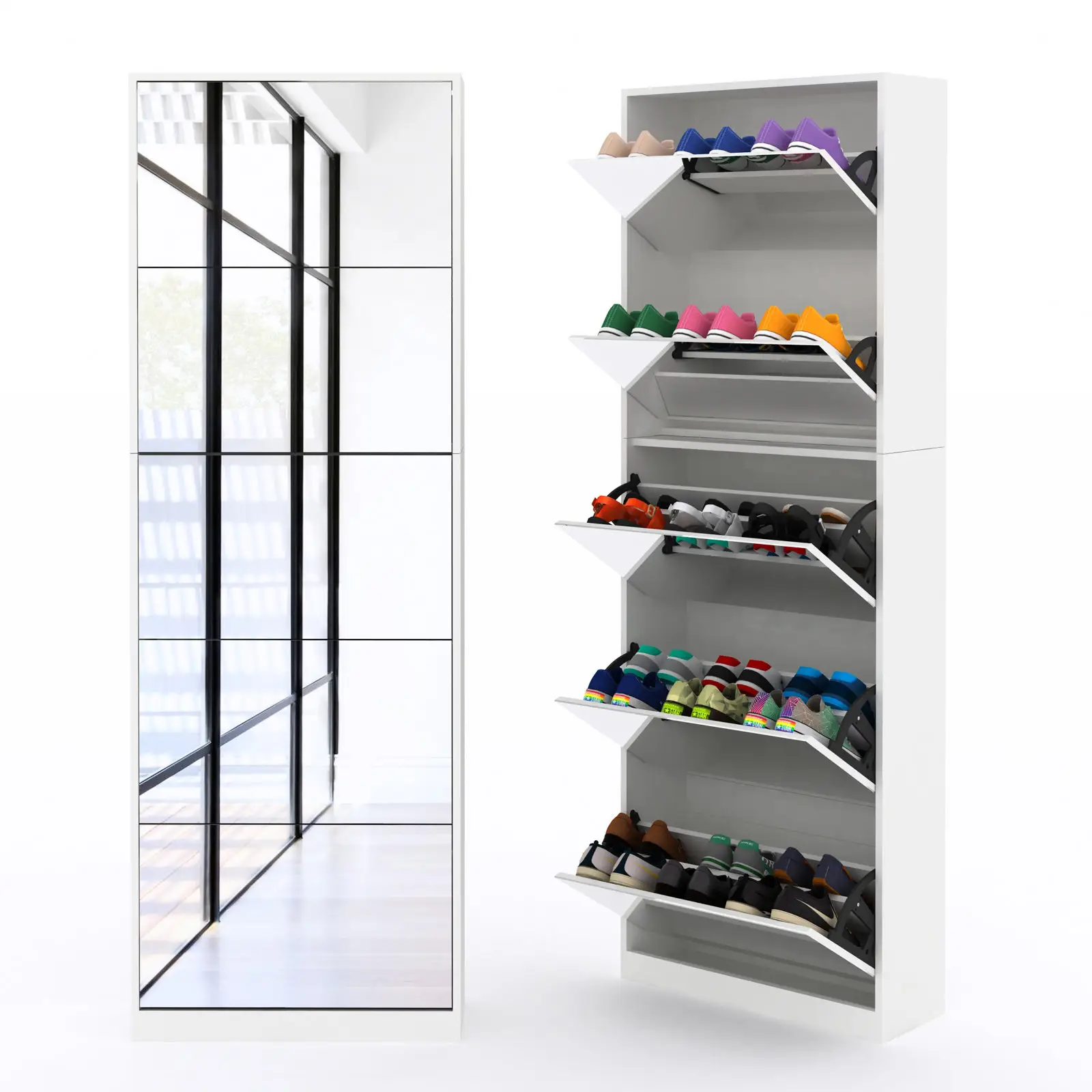 Armoire à chaussures minimaliste et moderne avec miroir Organisateur de chaussures en bois avec porte-chaussures miroir pleine longueur à 5 niveaux pour entrée