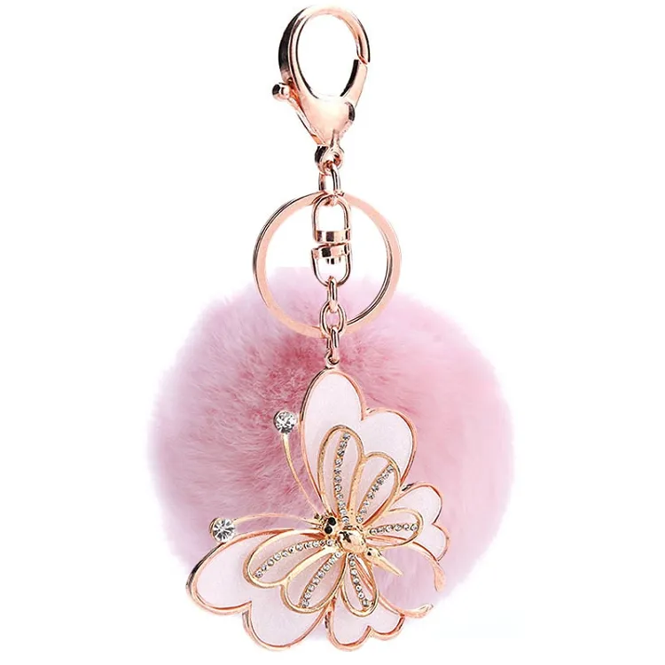Chaveiro de bolas de pelúcia com pompom, estilo borboleta, rosa claro, 7cm,
