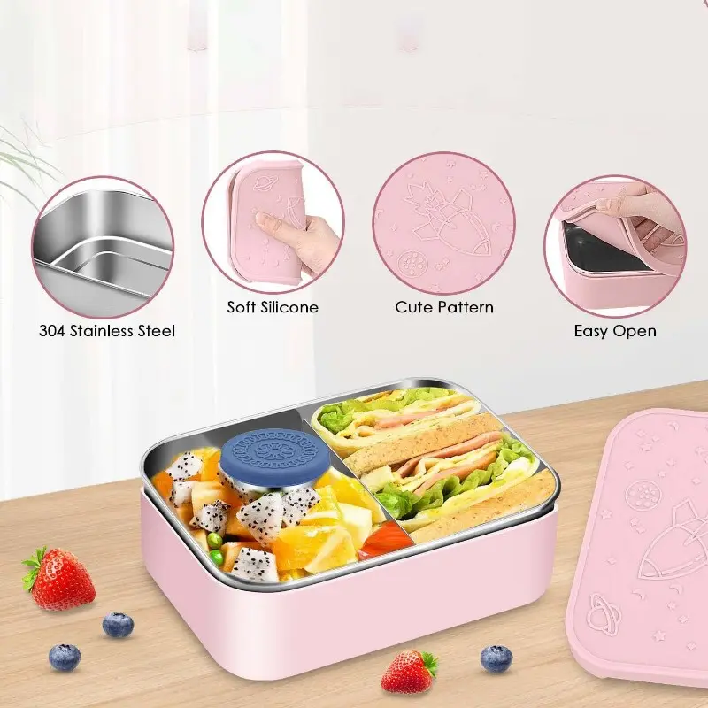 Récipient alimentaire étanche Boîte à lunch thermique en acier inoxydable Boîte à lunch pour enfants en silicone à 2 compartiments