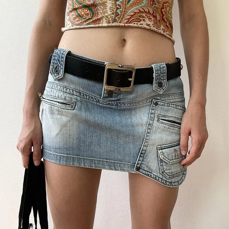 Jupe en jean taille basse, design de poche, couleur dégradée lavée, jupe cargo pour la hanche, 2022