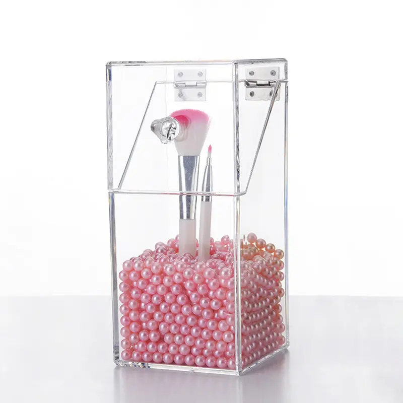 Soporte organizador de maquillaje de plástico transparente resistente al agua, soporte para brochas de maquillaje de acrílico a prueba de polvo con tapa