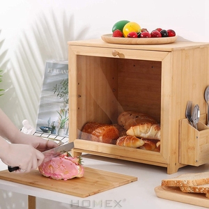 Bambus brotbox mit Utensilien halter Brot Bäckerei <span class=keywords><strong>Display</strong></span> mit transparenten Deckeln Doppels chicht Brotbox mit verstellbarer Schicht