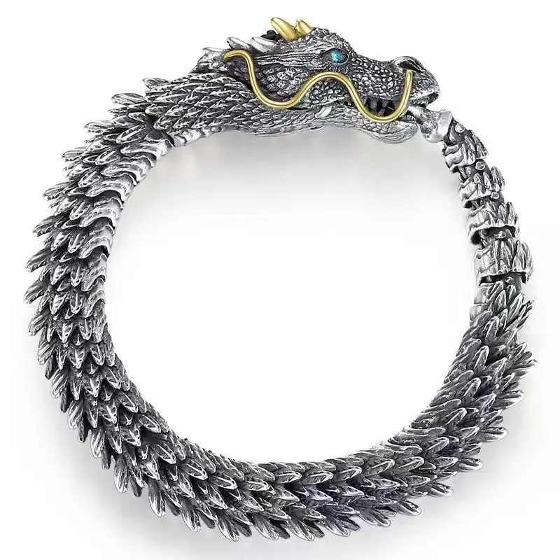 QIUHAN ODM Vintage Thai Silver Stereoscopic Dragon Head Men Bracelet