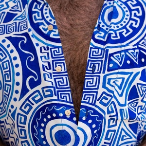 Yingling Hy Lạp Sét Màu Xanh Trắng Người Đàn Ông Áo Sơ Mi Ngắn Tay Áo Kỳ Nghỉ Mens Nút Xuống Áo Sơ Mi Mùa Hè Hawaii Đảng Bãi Biển Áo Sơ Mi - Product Image 5