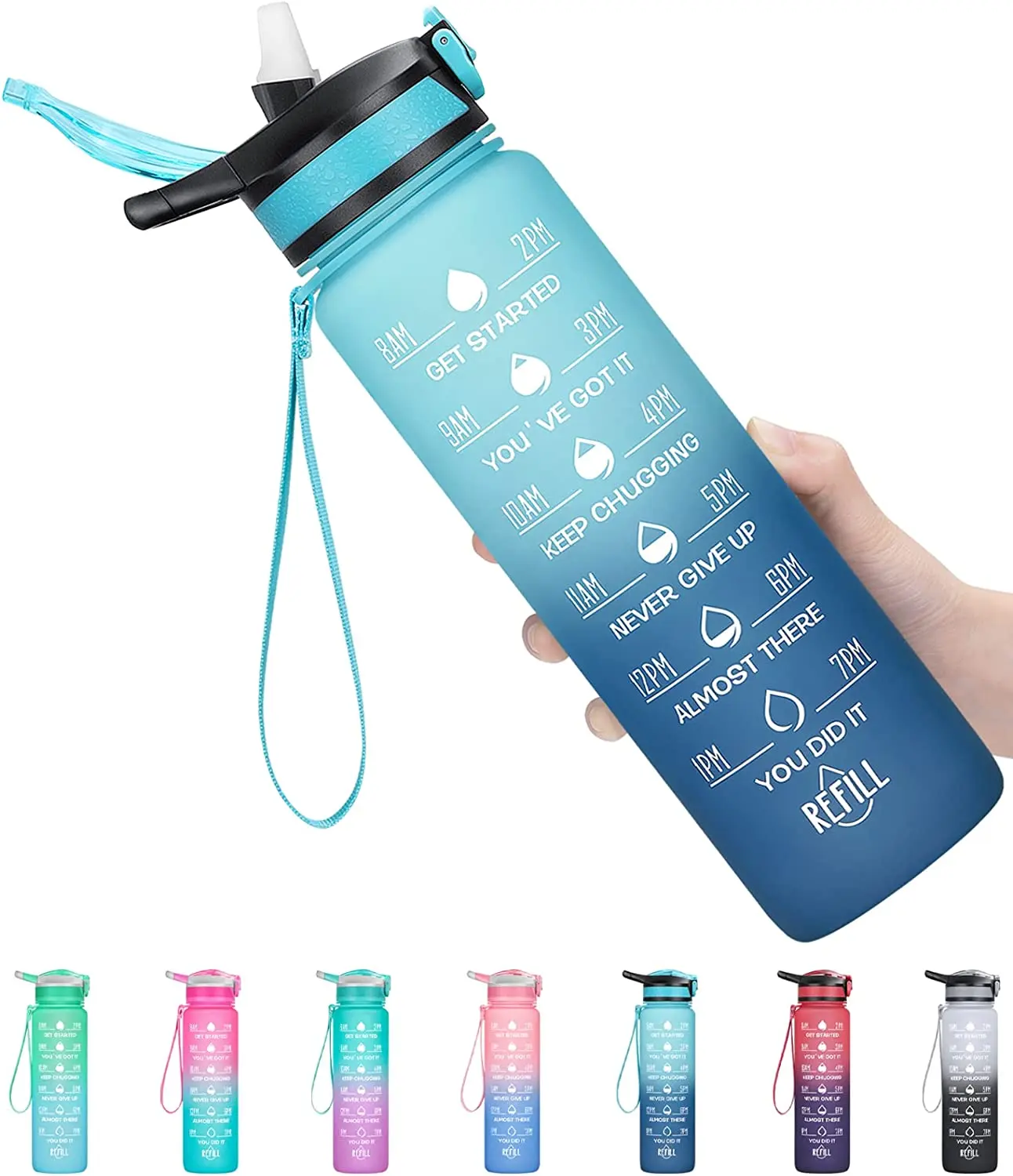 W21 BPA miễn phí motivational 32oz nhựa thể thao nước Jug ngoài trời 1L thể dục chai nước với có thể tháo rời rơm và thời gian đánh dấu