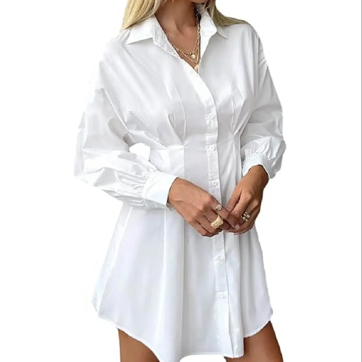 Novo vestido das mulheres Camisa francesa vestido cintura alta branco casual com saia curta vestido A-line pequeno
