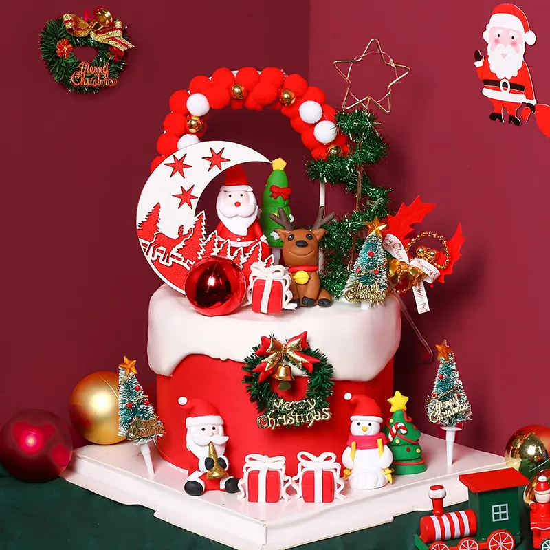 Christmas cake decorations forest Moon Santa Claus cake plug-in Christmas Snowman Christmas dessert table cake topper