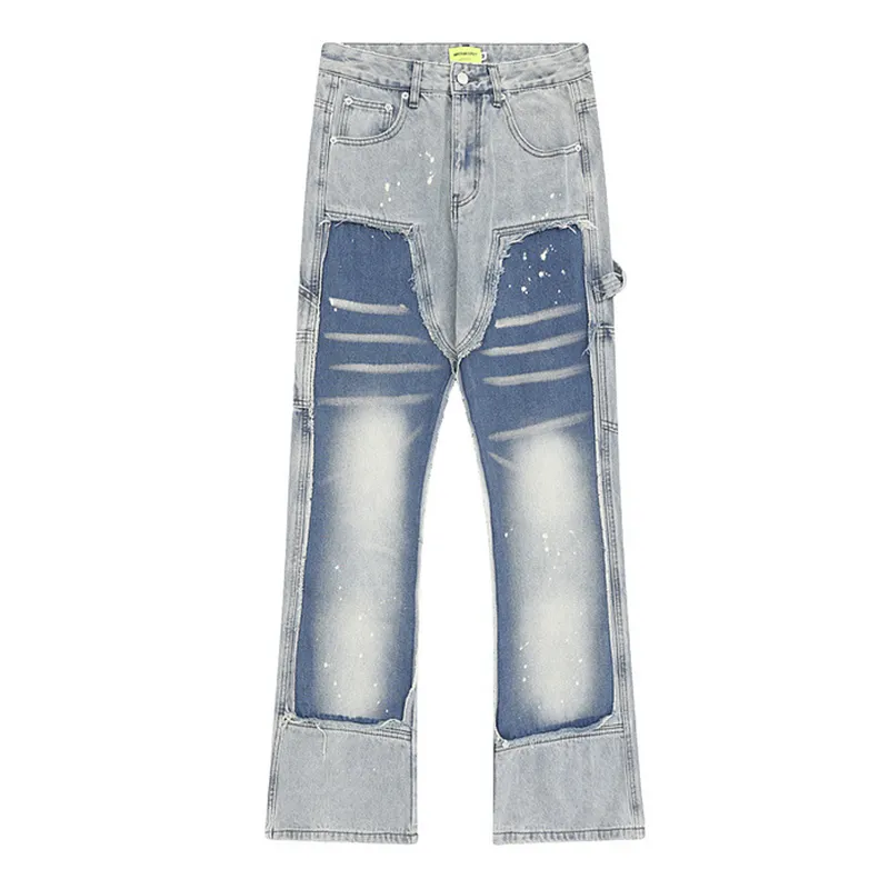 American high street raw edge patch straight leg work pants wash distressed baggy jeans men custom denim jeans