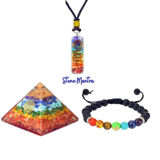 Seven chakra orgonite healing crystal pyramid pendant & bracelet 3 in 1 set high quality stone craft hand made gift