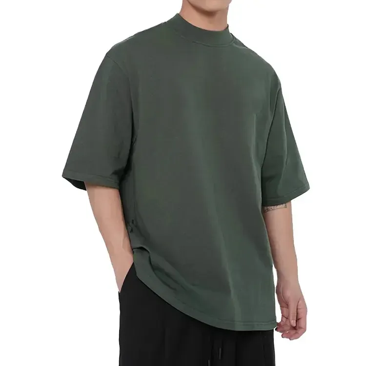 Premium Quality 250 Gsm Organic Cotton T Shirt Blank Oversized Vintage Boxy Fit Mock Neck T Shirt