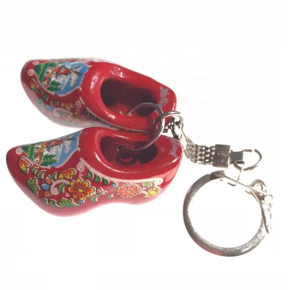 カスタムロゴクラフトキーリング付き赤い木製靴キーリングオランダ靴キーホルダー