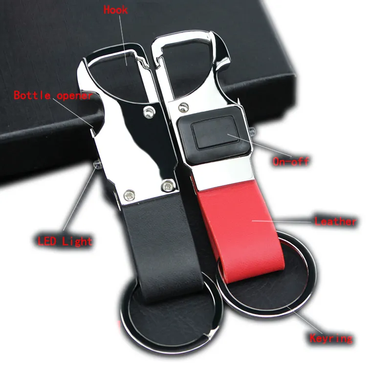 Multifunction key rings. LED light and bottle opener metal leather keychain.Chinese factory supply custom LOGO