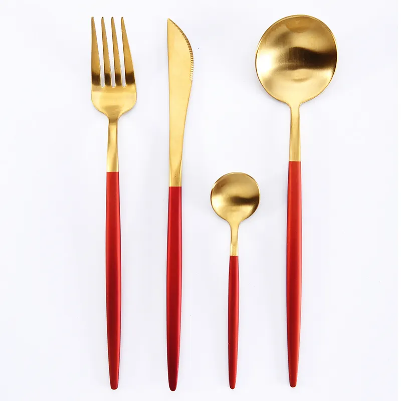 Европейский новый дизайн, металлическая столовая посуда, 4 предмета, золотая, красная, нержавеющая сталь, ложка, вилка, нож, роскошные столовые приборы, итальянская посуда