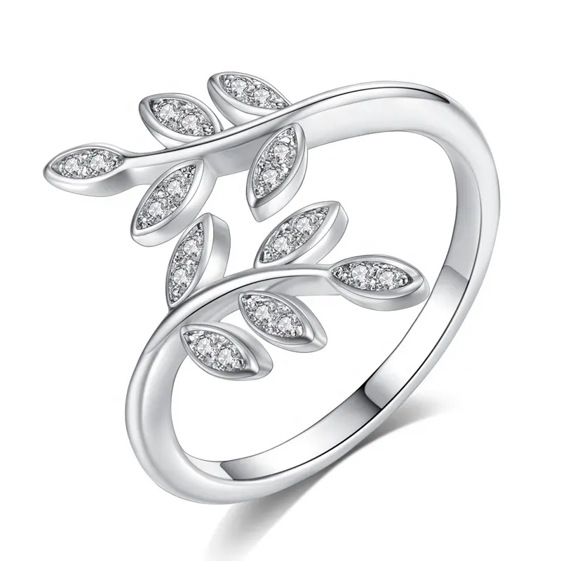 Leaf Cubic Zirconia Adjustable Open Women Wedding Ring R117