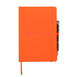 Taccuino personalizzato in pelle pu A5 arancione con portapenne e fascia elastica - Product Image 1
