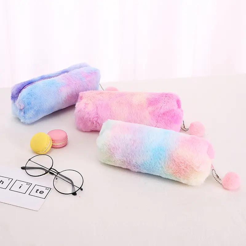 Cute fashion plush zipper peludo sacos de lápis, arco-íris colorido peludo peludo crianças estojo para escritório da escola