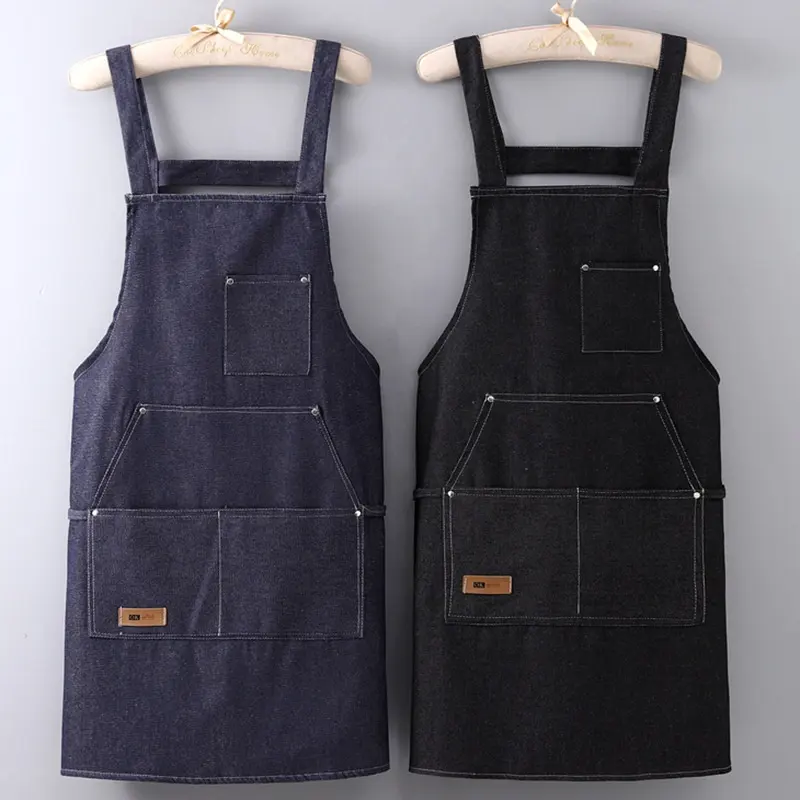 Grembiule con bavaglino da cucina nero per donna Logo ricamato personalizzato chef Cooking Denim chef grembiule in tela con tasche