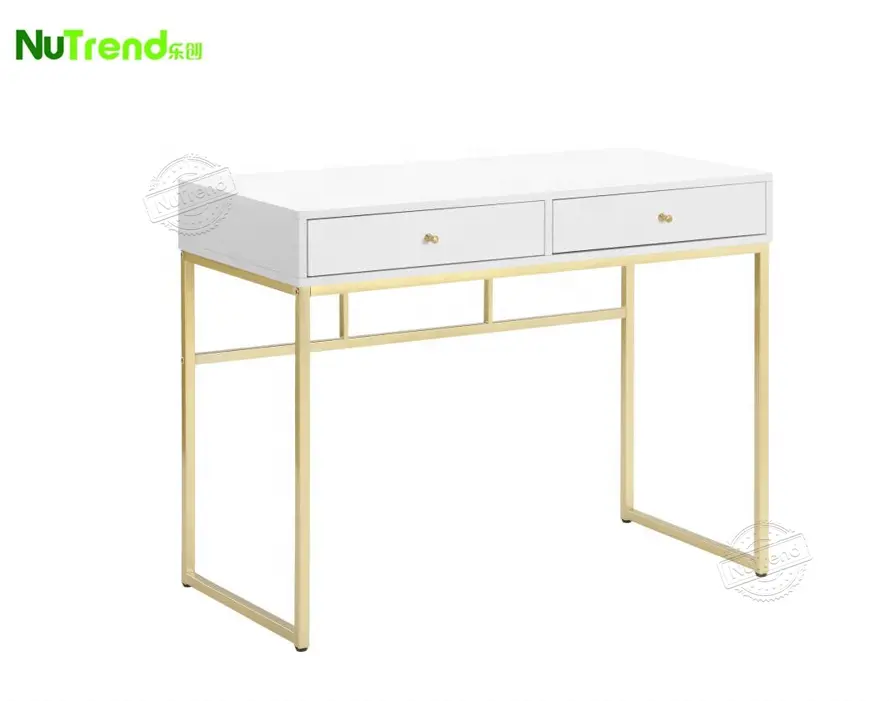 الذهبي أثاث معدني غرفة المعيشة الأبيض خشبي صغير محمول طاولة حاسوب تصميم 2 أدراج منضدة كتابة