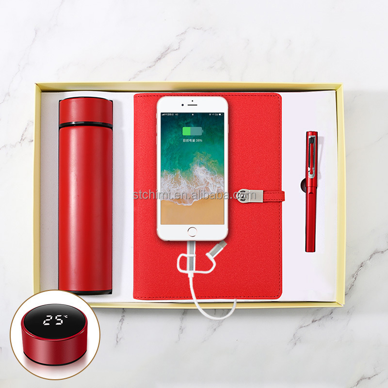 Banco de energía roja Notebook + frasco de vacío inteligente + USB + pluma de signo de metal