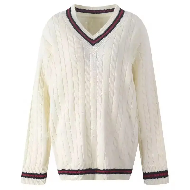 Vente en gros de pulls pour hommes universitaires en coton acrylique laine personnalisée torsadé classique chandails torsadés de cricket à col en V