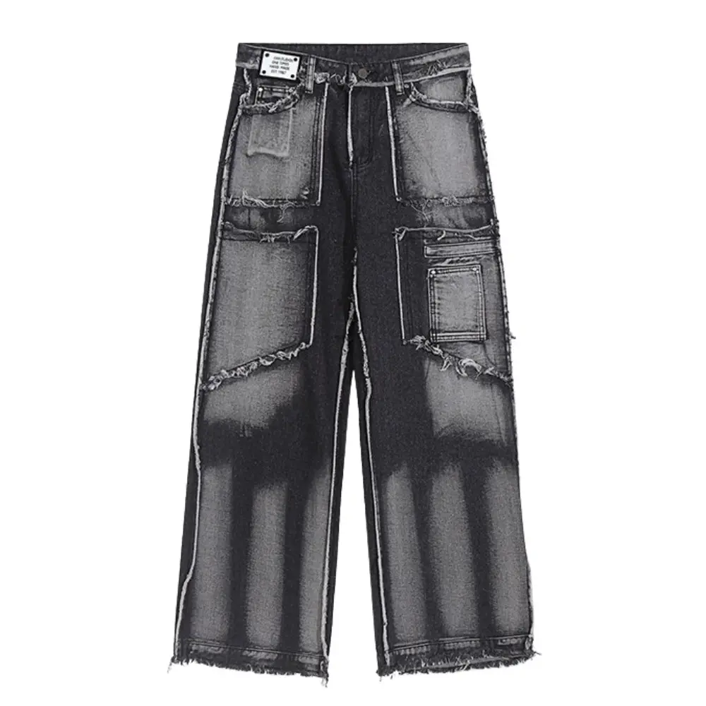 Zhuoyang prenda High Street Frayed Gradient Jeans personalización Diseño Streetwear Hip Hop Pocket Safari Style