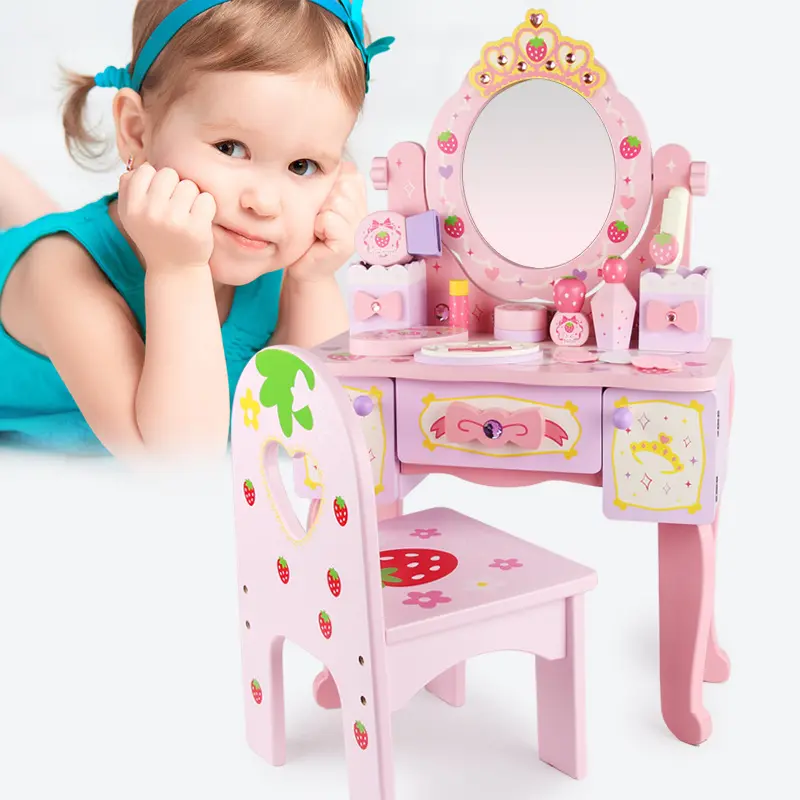 Doğrudan fabrika toptan yüksek kalite gerçek ahşap oyuncaklar oyna tuvalet masası seti kız makyaj seti ahşap oyuncaklar