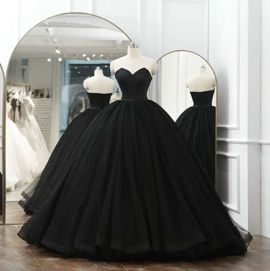 Fluffy Black Mesh Bridal Wedding splendido produttore di abiti da ballo da sposa senza spalline realizzato