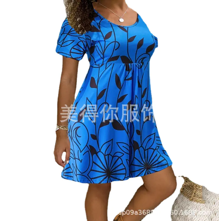 Gran oferta personalización casual dress2023 verano nuevo europeo y americano transfronterizo cuello en U manga corta planta flor estampado