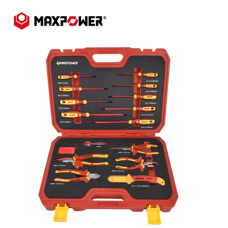 Maxpower Set Peralatan Vde, Obeng Pisau Tang Profesional 15 Buah, Set Peralatan Vde TERISOLASI 1000V