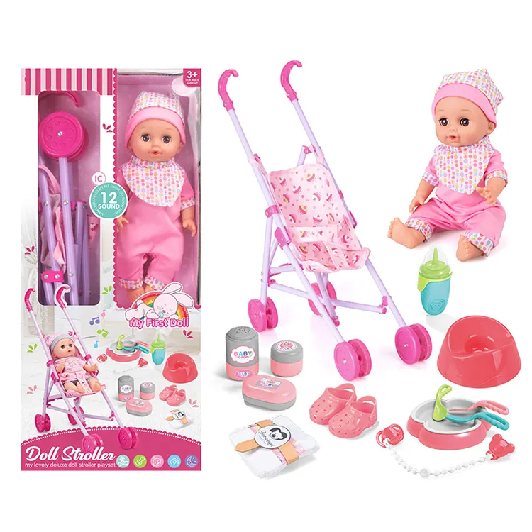 Novo Design Silicone Bebê Pretend Play Toy Set Toy Carrinhos Boneca Menina Brinquedos com Som Beber e Pee Boneca