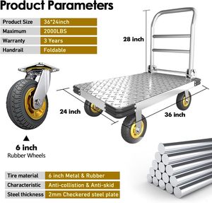 משאיות פלטפורמה דולי עגלת כבדות 2000 LBS קיבולת, עגלת דחיפה מתקפלת פלדה דולי עגלת שטוחה עגלת פלטפורמה מתקפלת