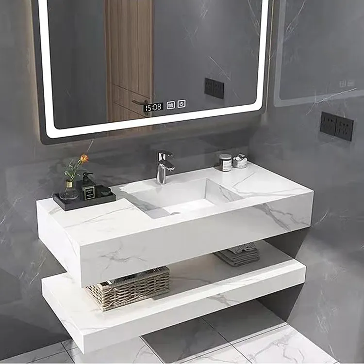 Marble Pattern Mural Solid Surface Bathroom Sink Single Basin Large Wall Hung Wash Basins Artificial Stone Bathroom Sink