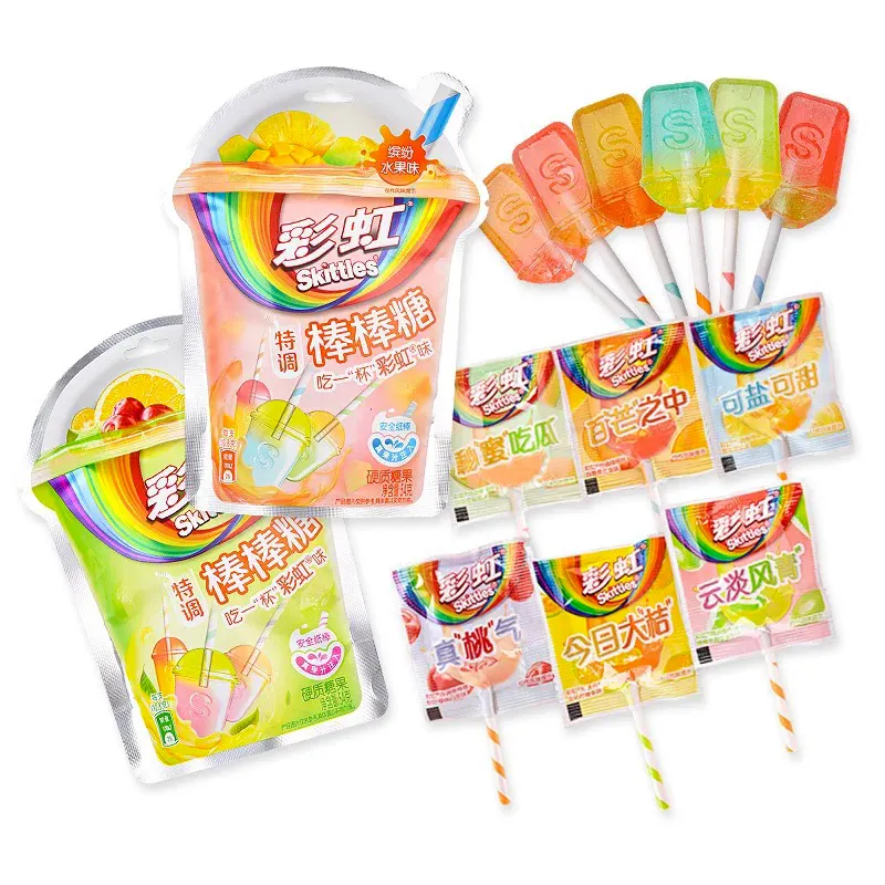 Aperitivos asiáticos al por mayor Skittless Rainbow Lollipop 54G Caramelos exóticos Fruta Té Sabor Dulces Aperitivos