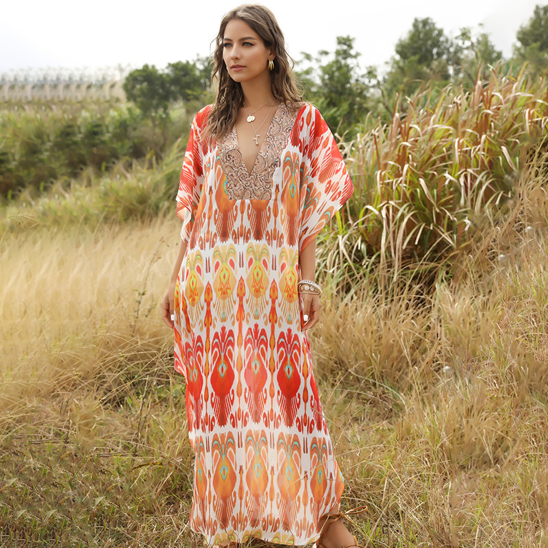 Elegant design v neck plus size bohemian maxi dresses women summer