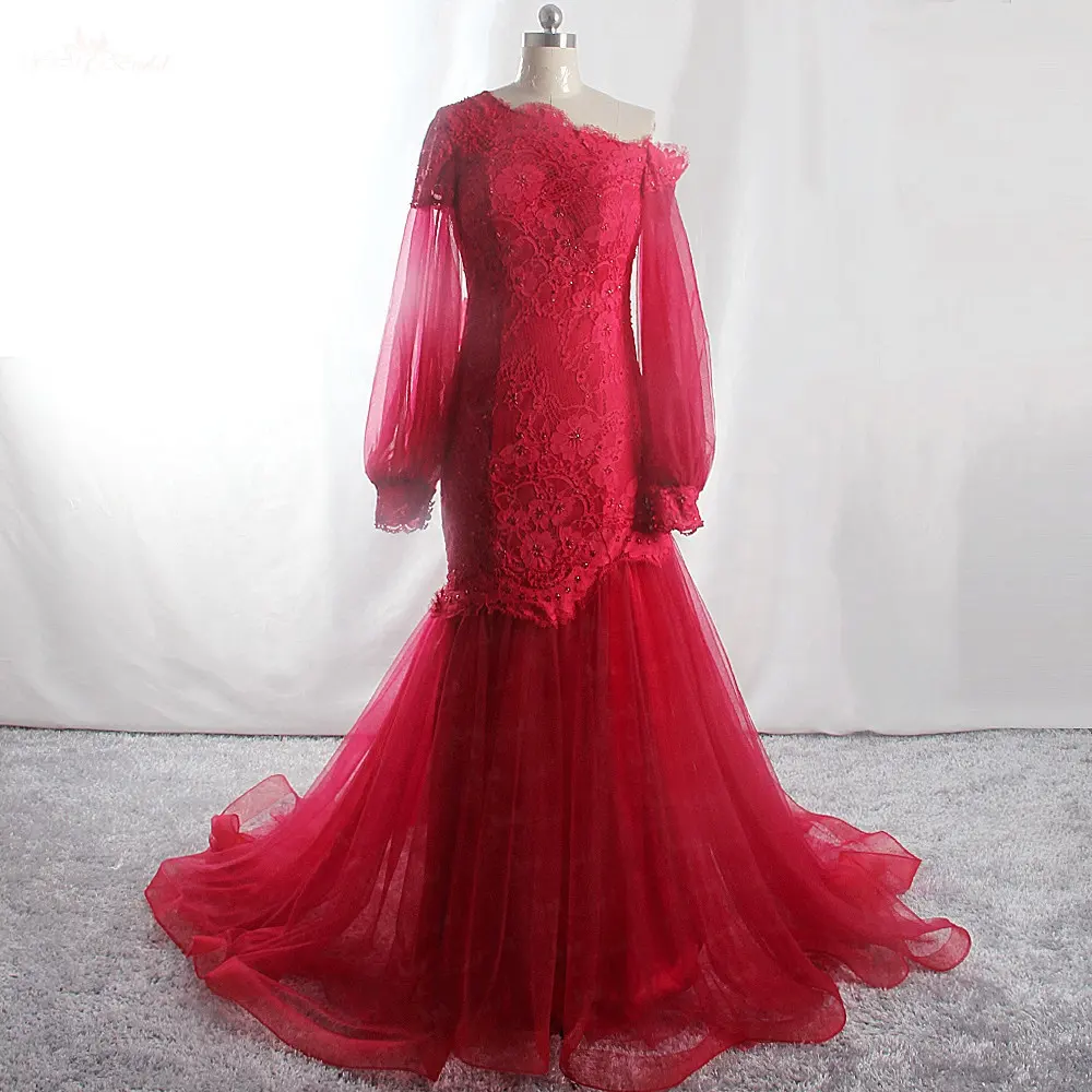 LZ418 abito da sirena in pizzo rosso glamour manica a lanterna perle abito da sposa lungo in Tulle con fiocco formato personalizzato